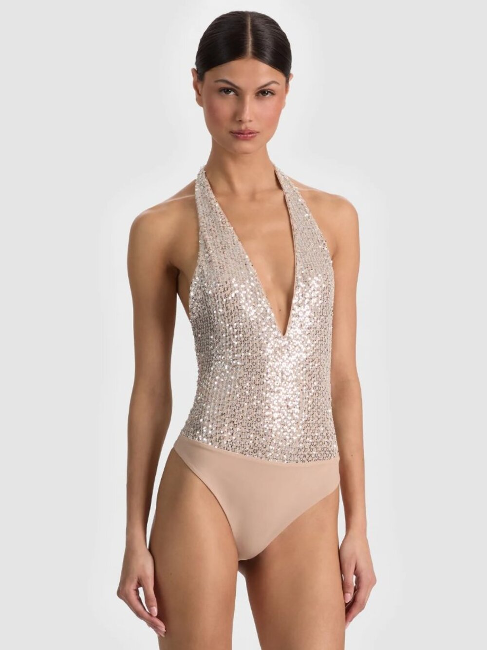 Alice and Olivia Pippa Sequin Bodysuit (Almond / Silver)